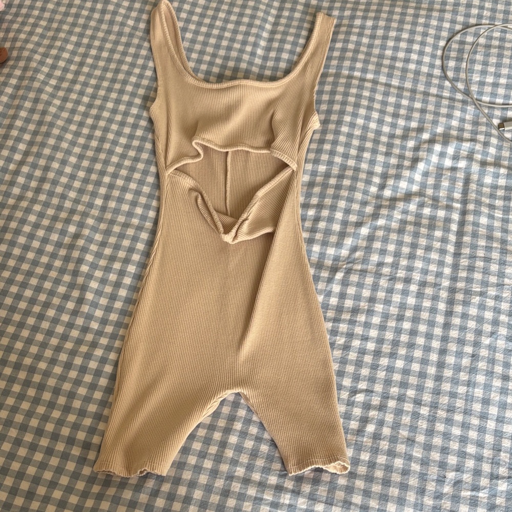 Beige Ribbed Cutout Romper